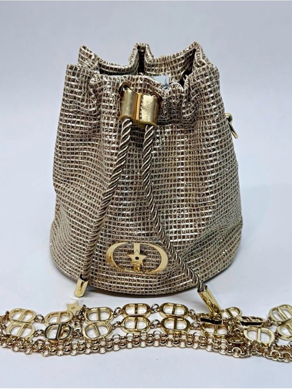 Gold Mesh Drawstring Bucket Bag with Chain GWP small size